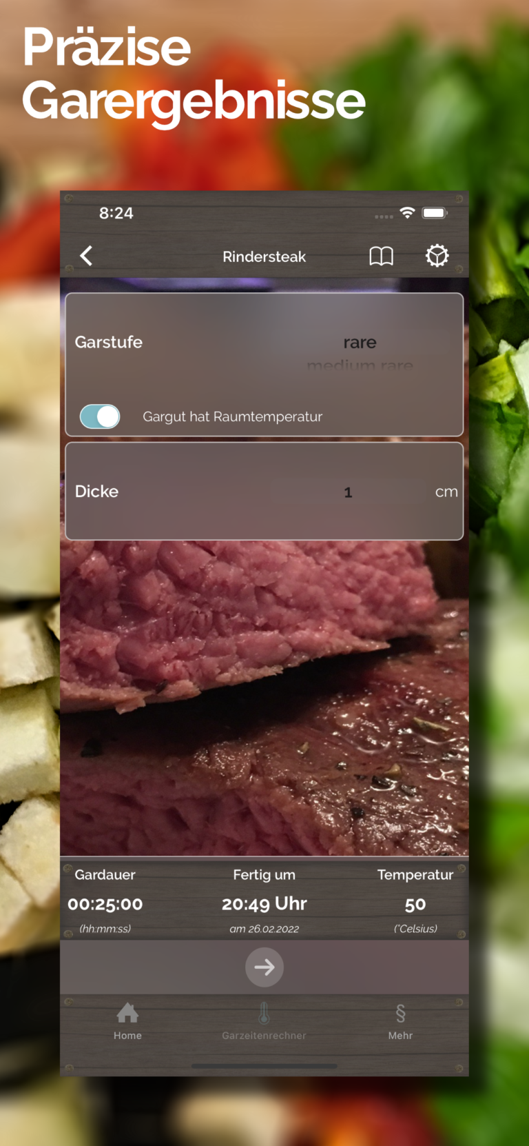 Funktionsweise der Sous Vide App mit Tabellen und Garzeiten